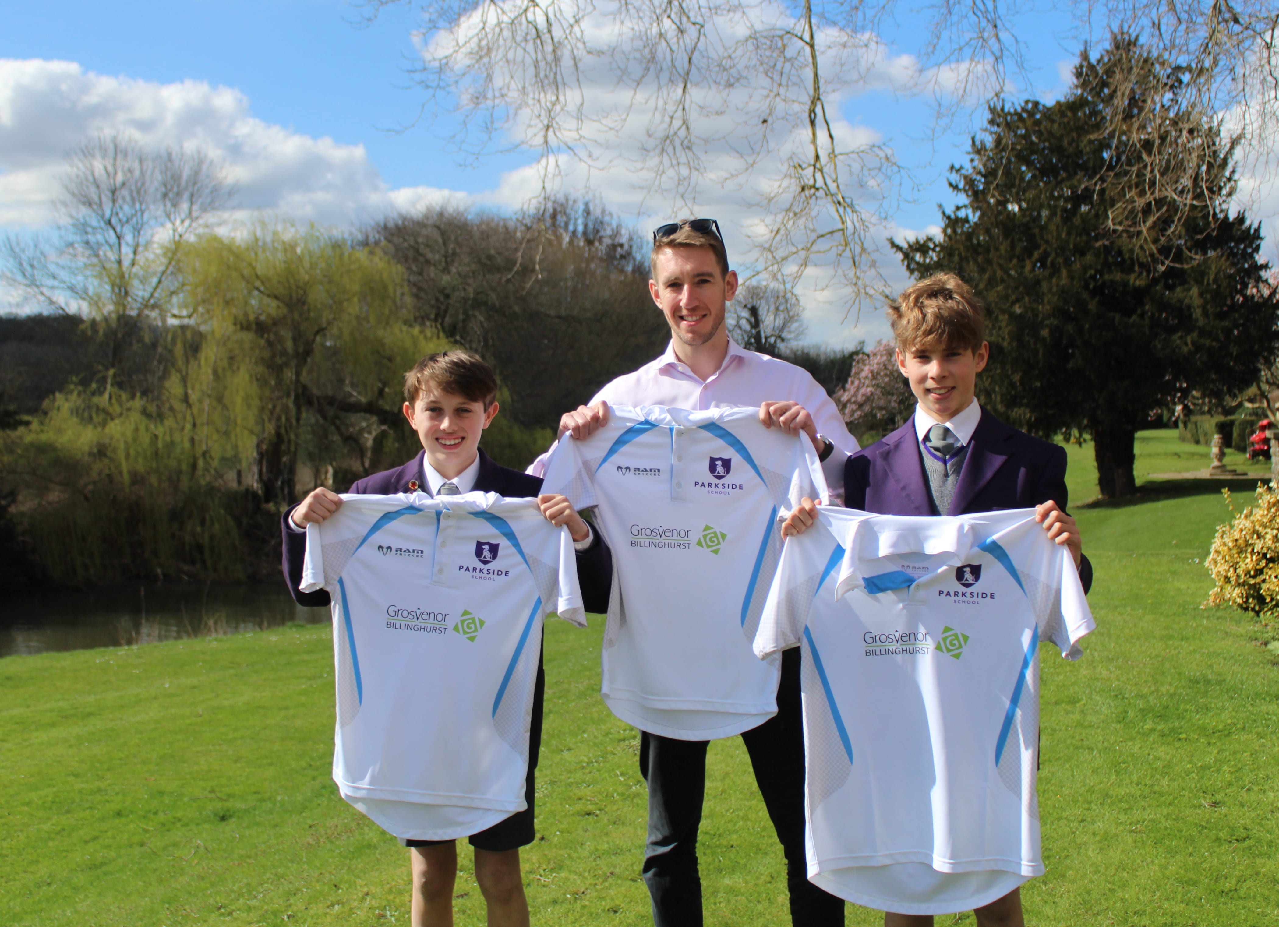 Grosvenor's Managing Director is joined by Jack P left 12 and Luke W right 13 to unveil the new team kit for St Lucia Header